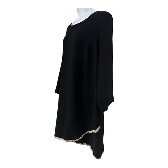 ❣️C’est Nous Tan Trim Black Crepe Office Career Casual Church Dinner Party Dress - Picture 5 of 12